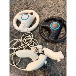 Nintendo Wii Accessory Lot 2 Racing Wheels Black White & 3 Nunchuck Controllers